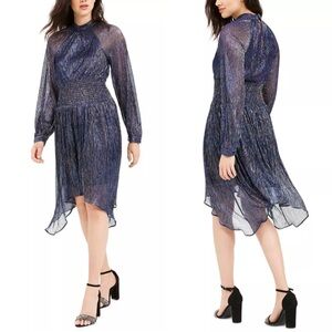 Foxiedox Metallic Long Sleeve Tazanna Asymmetrical Hem Midi Dress